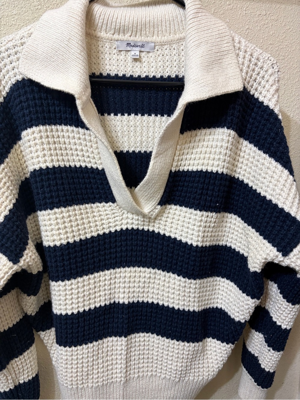 Madewell Navy & Cream Striped Waffle-Knit Polo Turtleneck Sweater